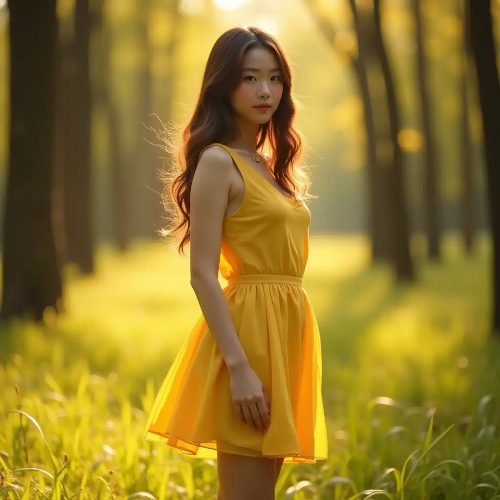 Beautiful-Chinese-Girl-in-Yellow-Outfit-Standing-in-Forest-with-Dynamic-Lighting