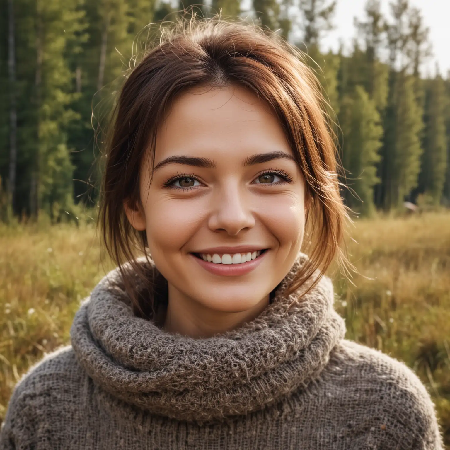 user_prompt: Russian adult woman, upper body, natural scenery as background, photography style, front facing, with a smile