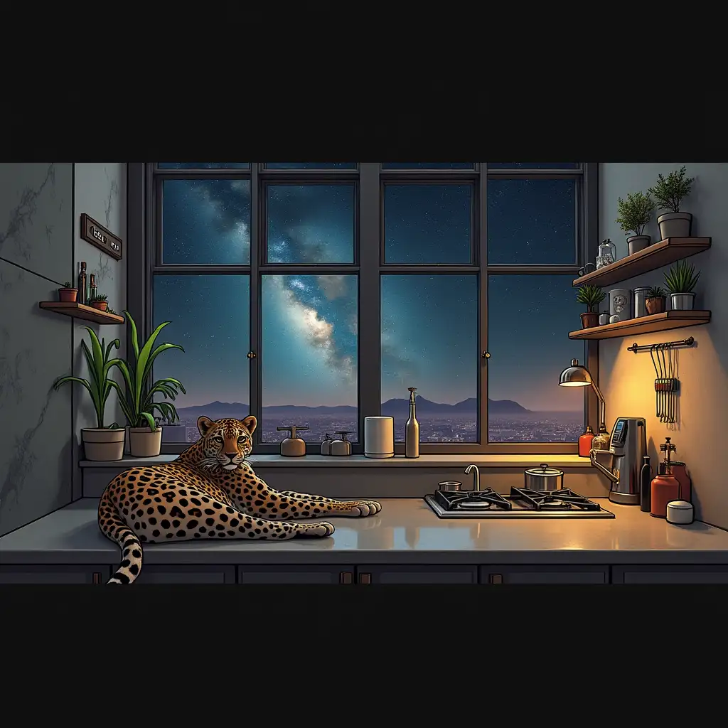 Loft-style kitchen, a leopard lies on the countertop, the cosmic sky in the background