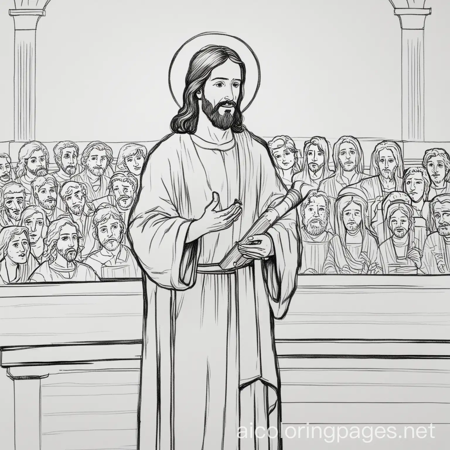 Jesus testifies , Coloring Page, black and white, line art, white background, Simplicity, Ample White Space. The background of the coloring page is plain white to make it easy for young children to color within the lines. The outlines of all the subjects are easy to distinguish, making it simple for kids to color without too much difficulty