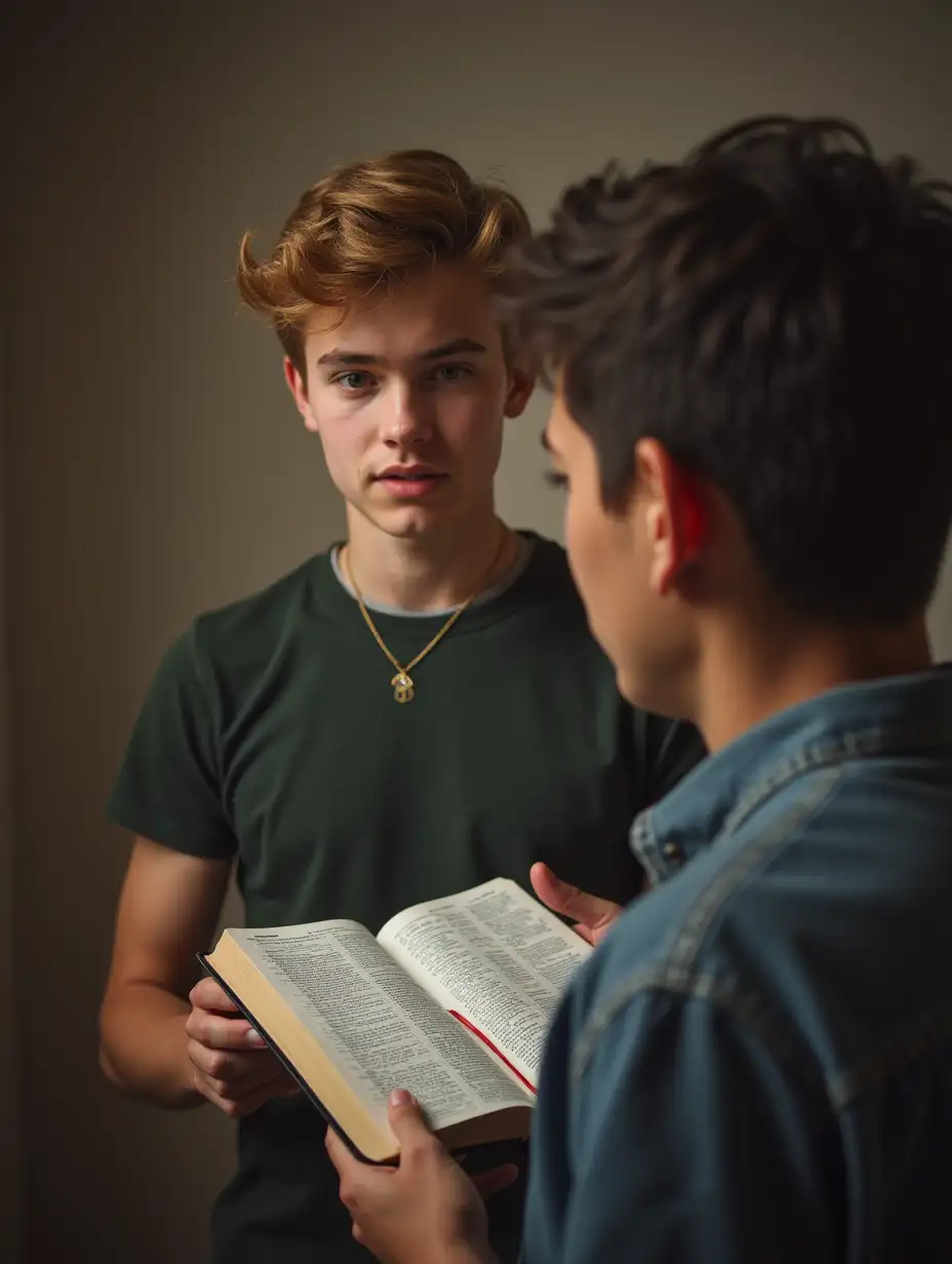 A young man holds an open Bible in his hands. He is talking to another person who is looking intently at his Bible.