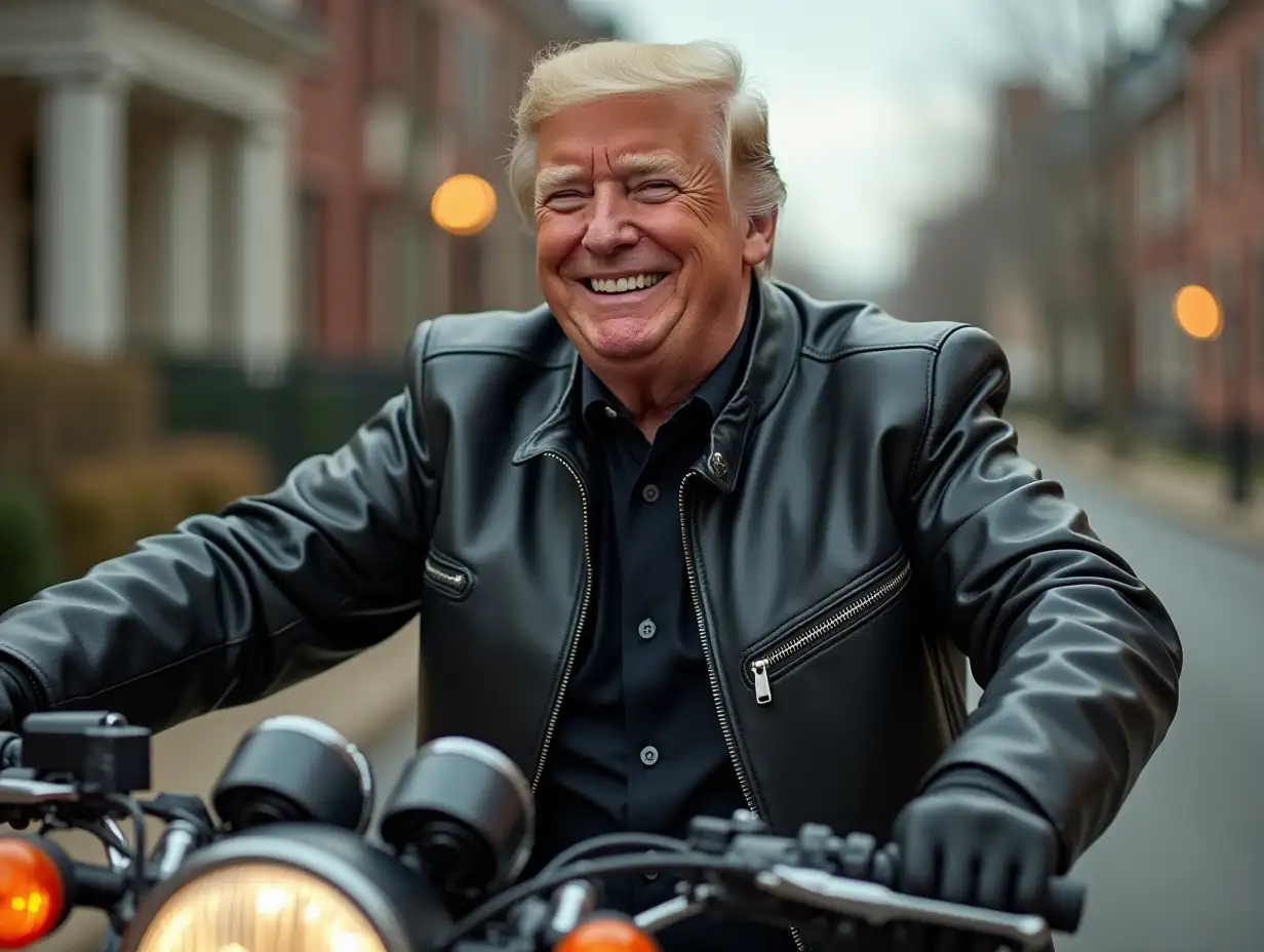 Donald Trump smiling, dressed in a black leather jacket, sitting on a big motorcycle