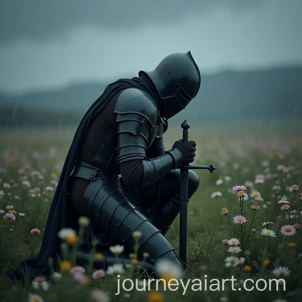 Somber-Knight-in-Dark-Armor-Kneeling-in-a-Field-of-Flowers-Under-a-Gloomy-Sky