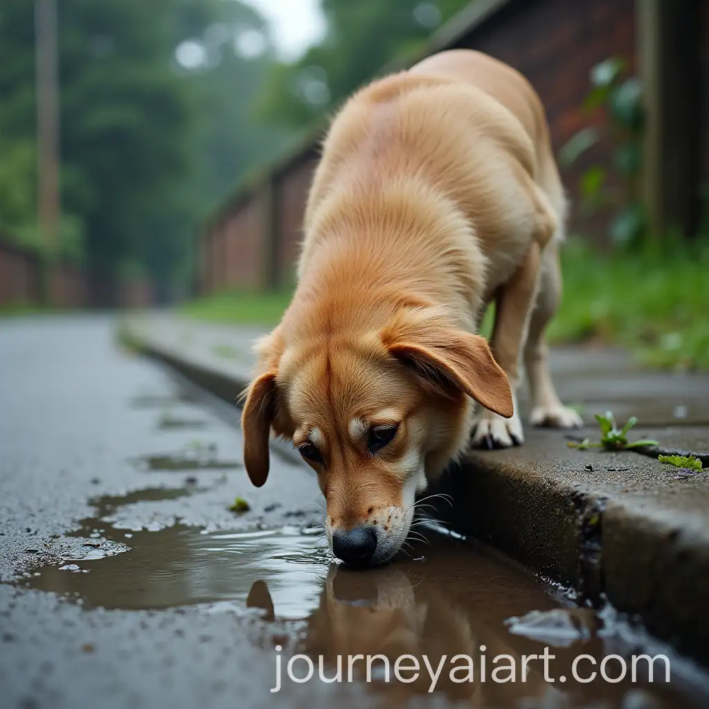 Elderly-Dog-Drinking-from-Rain-Puddle-Near-Gutter