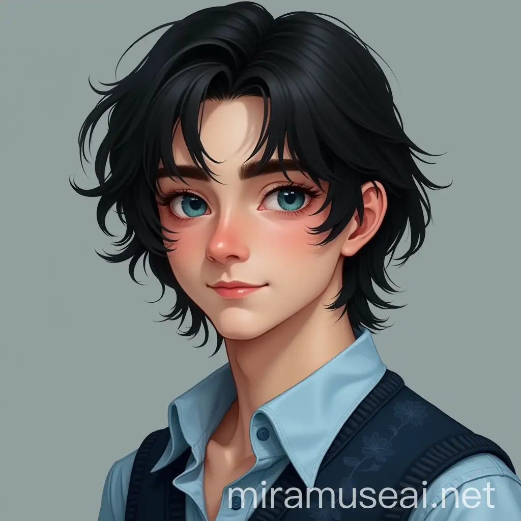 Realistic Portrait of Young Man with Raven Black Hair and Summer Sky Blue Eyes