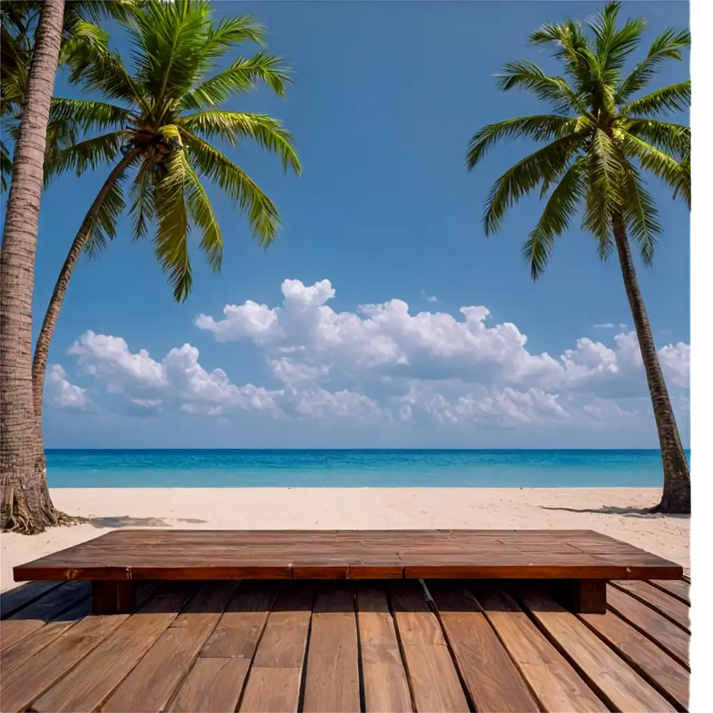Beach-Scene-with-Coconut-Trees-andPNG-Image-Usage-Analysis-Wooden-Table-HighQuality-PNG-Image-for-Clear-Visual-Impact
