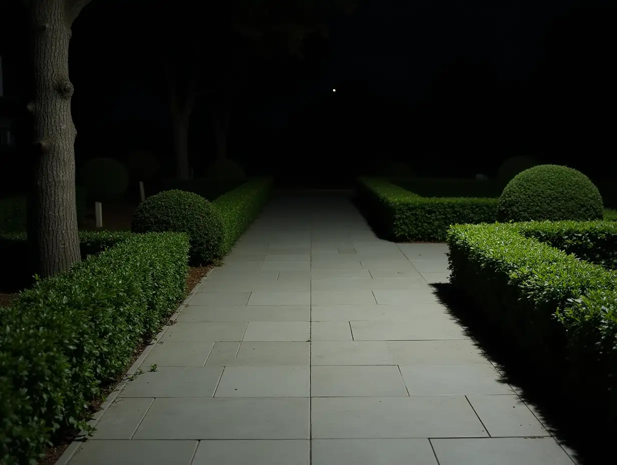 Serene-Nighttime-Garden-Path-with-Geometric-Shrubs-and-Soft-Lighting