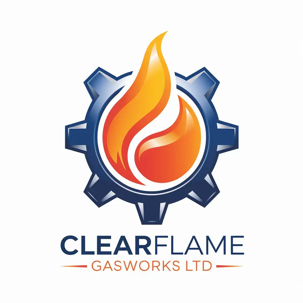 LOGO Design for CLEARFLAME GASWORKS Ltd Orange Flame Inside Blue Gear with Modern Text