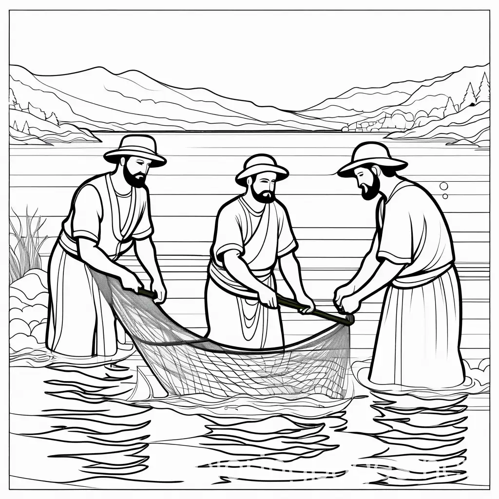 Three-Fishermen-Washing-Fishing-Nets-in-Lake-Galilee-Coloring-Page