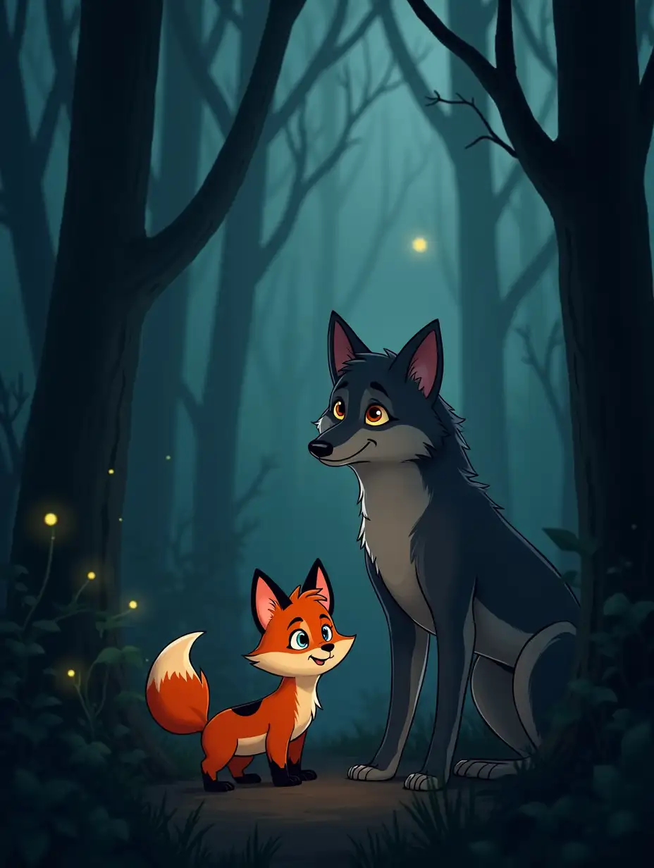 A dense, eerie jungle at dusk, with tall, shadowy trees and faint mist hanging close to the ground. The environment feels mysterious, with the soft glow of fireflies and the distant hoot of an owl. Ruby, a small and clever fox with a bright orange coat and black patches on her back, is crouched near a bush, her shiny, mischievous eyes glinting. Max, a large, muscular wolf with slate-grey fur and black streaks, stands behind her, his sharp, alert eyes scanning the surroundings. The contrast in their personalities is evident: Ruby appears curious and bold, while Max seems cautious, standing protectively close to Ruby.