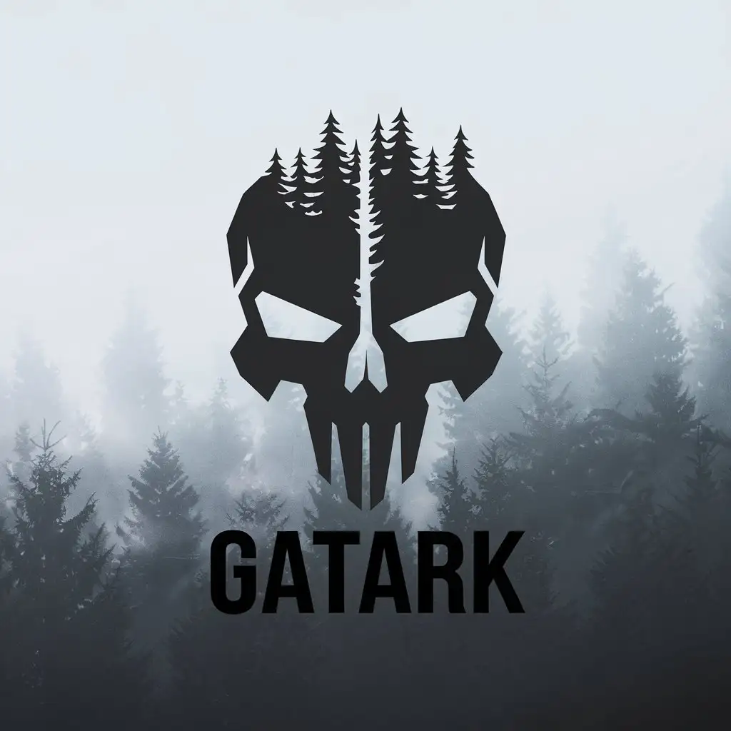 LOGO Design for Gatark Minimalistic Vector Logo with Split Skull Symbol in Forest Fog