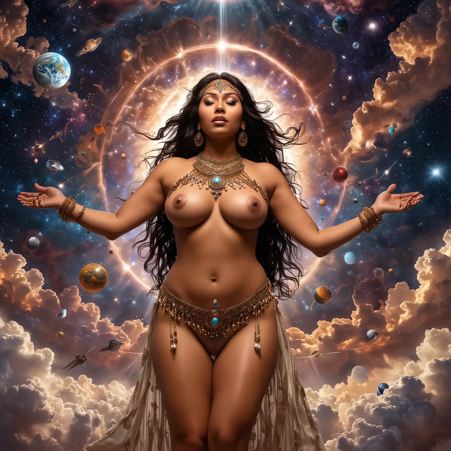 Generate a full view image of one 30 year old very busty and curvy American Indian woman naked (looks like a goddess of the universe, controlling all the planets) and she is flying in the air in the middle of the universe filled with clouds. She is wearing Indian wedding jewelry all over her body. The background features mystical lighting that highlights her presence and powerful stance, merging the iconic elements of Woman with the grandeur of the universe.