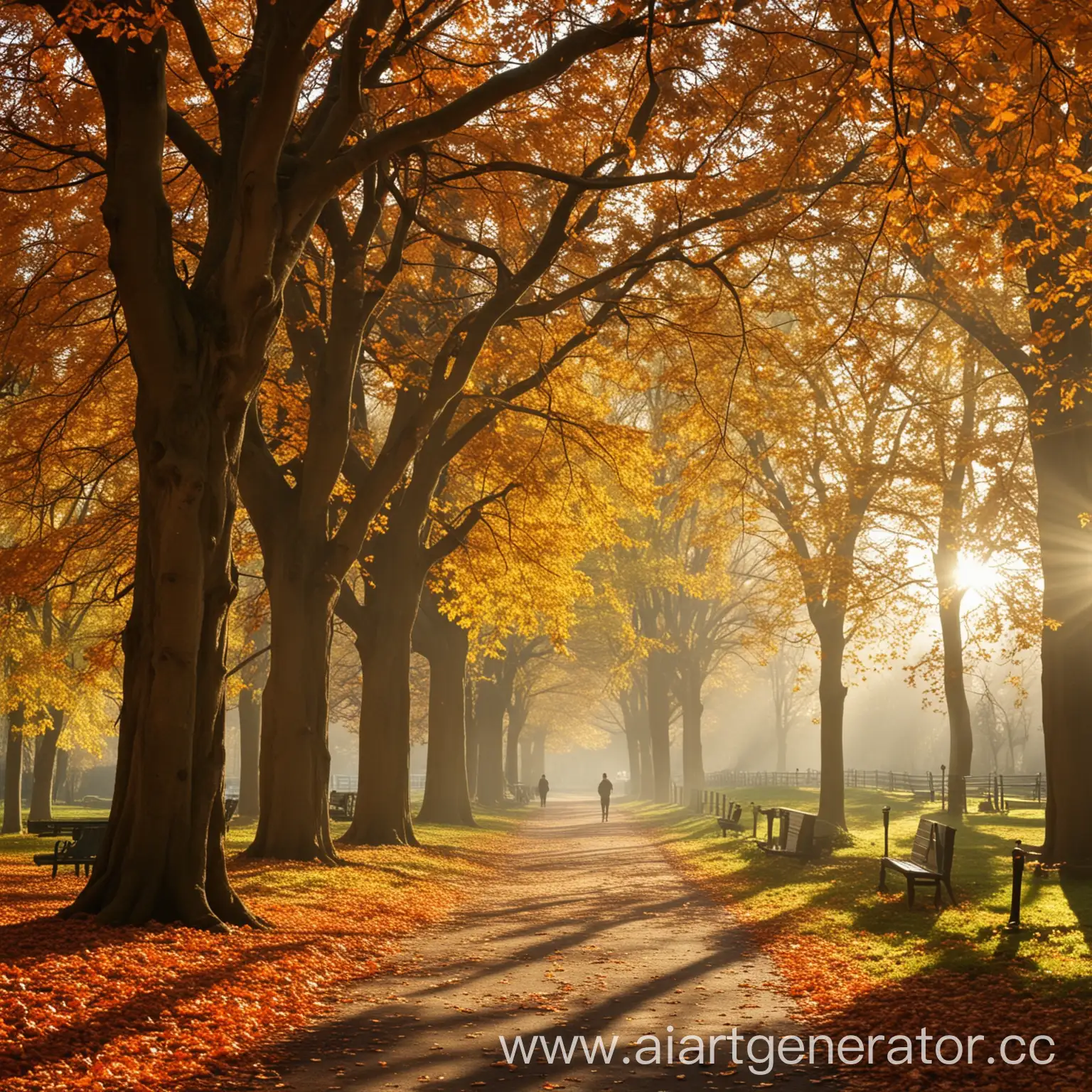 Autumn-Park-Scene-with-Sunlight-Filtering-Through-Trees