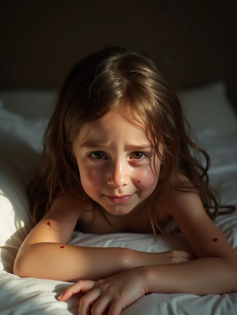 Tearful-SevenYearOld-Girl-Resting-on-Bed-in-Brightly-Lit-Room