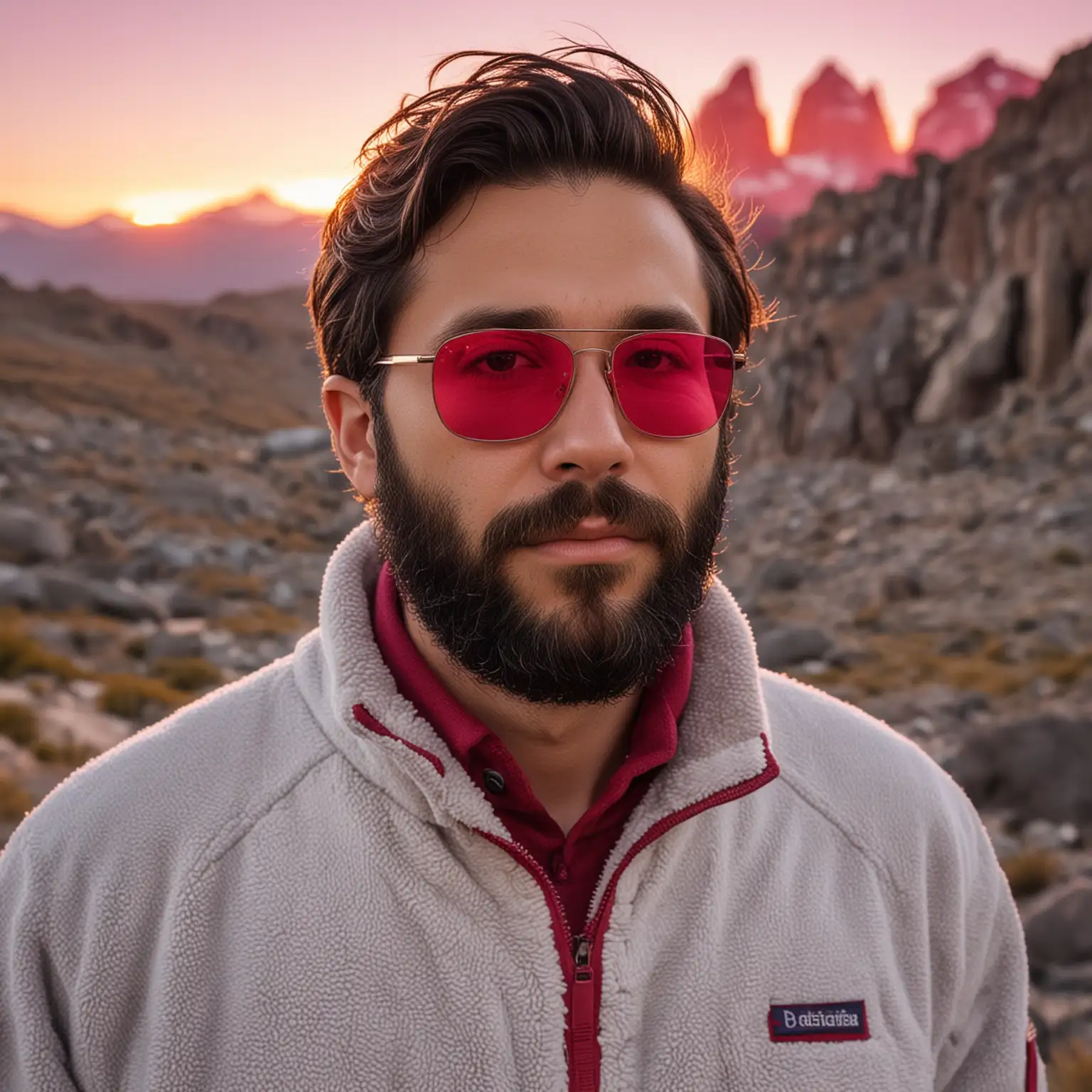 Portrait of a bearded man with dark hair wearing red sunglasses and a light gray Patagonia fleece jacket. He has a serious expression and is looking directly at the camera. The background shows a blurred outdoor scene with rocky terrain and a vibrant pink and purple sunset sky. The lighting gives the image a warm, golden-hour glow. The overall mood is rugged yet stylish, with a touch of adventure.