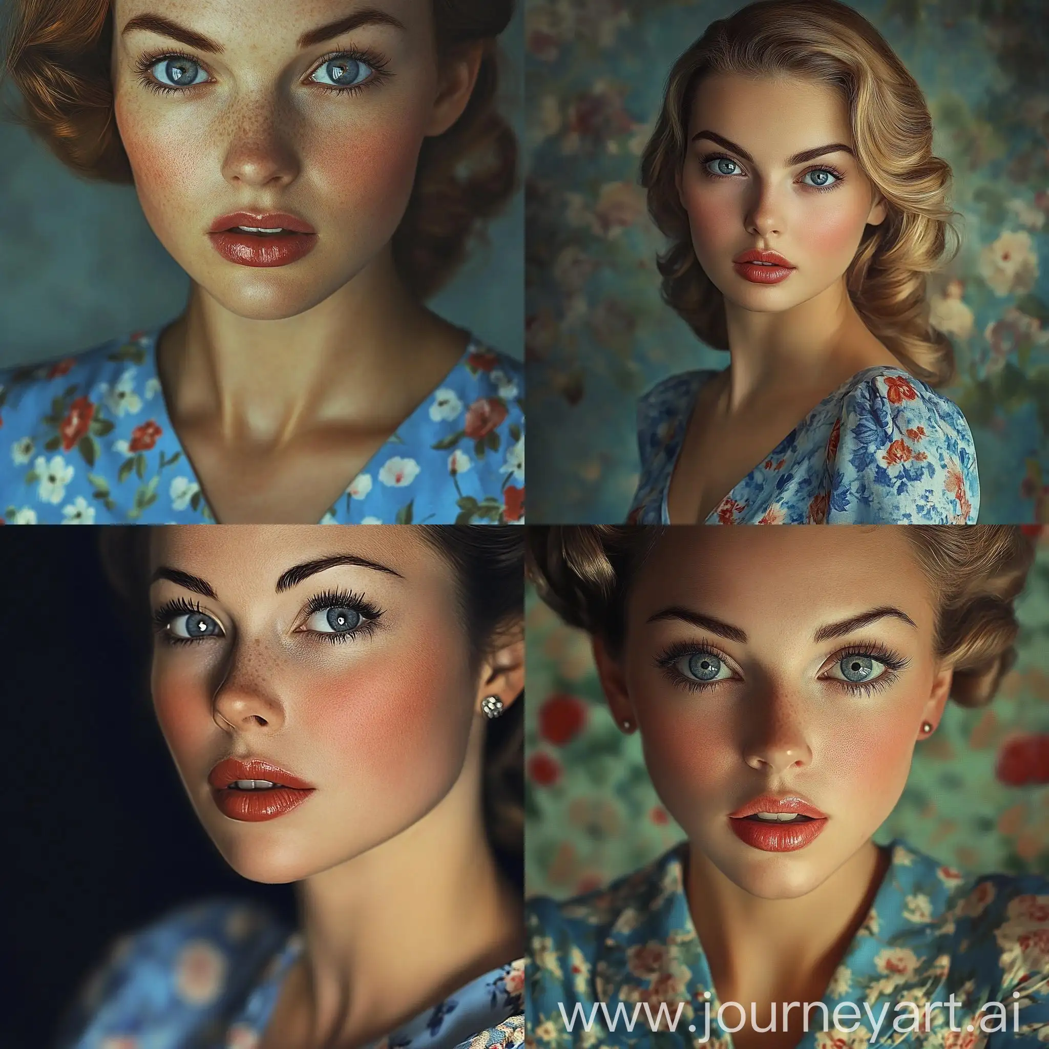 Stunning-Woman-in-1940s-Vintage-Blue-Floral-Dress-with-GreyBlue-Eyes