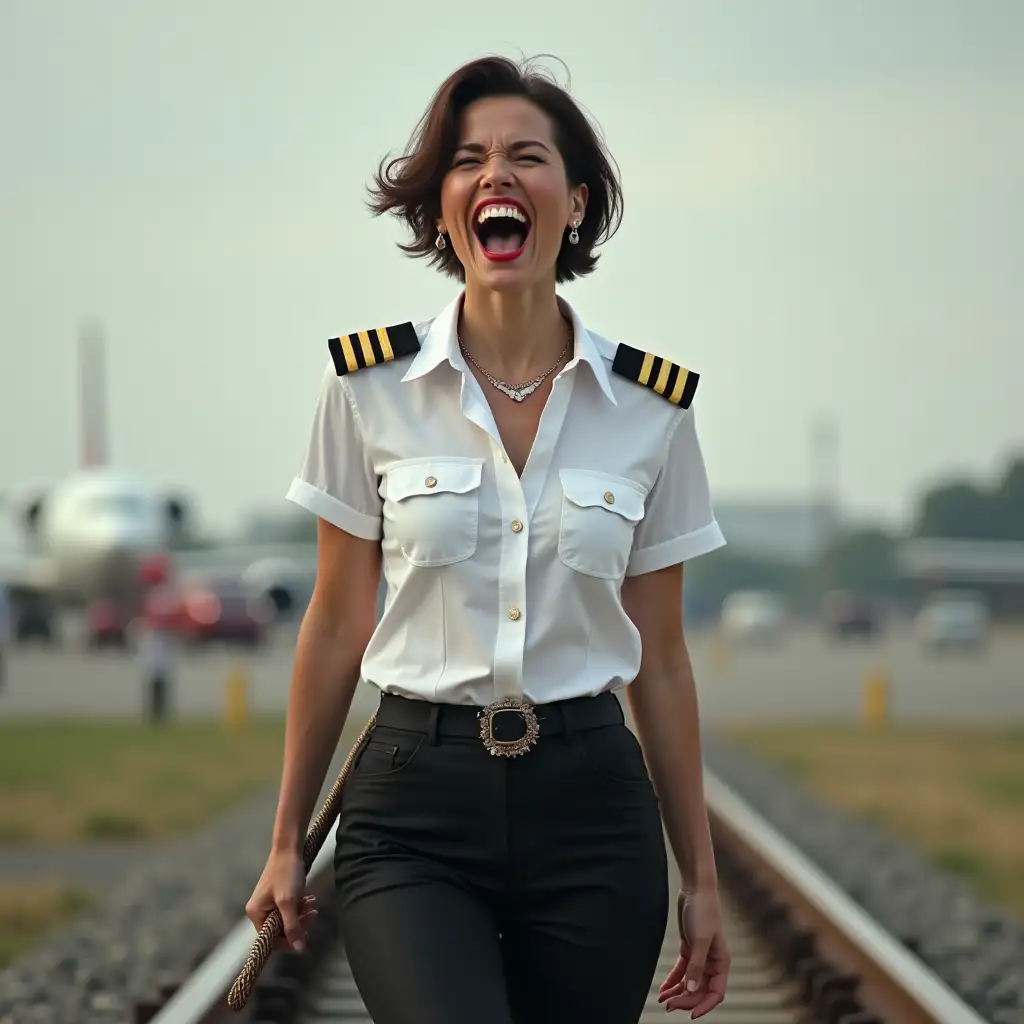 norvegian screaming pilot lady , in white unbuttoned airport security shirt, laughing with her mouth open, red lipstick accentuating her smile,belt on waist, big wide hips, chest are fully grown, jewerly, short hair, HD, holds long riding crop, photo-realism, walking on rails