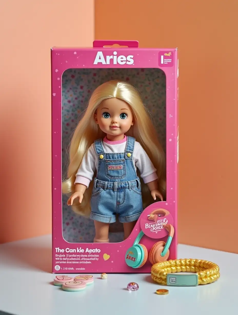 Doll in the packaging above the top part of the packaging it says Aries, on the right accessories icon Aries, headphones, gum, bracelet
