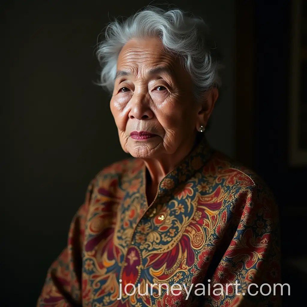 Sad-Old-Lady-in-Traditional-Kebaya-Gazing-at-Indonesian-Garuda-Symbol