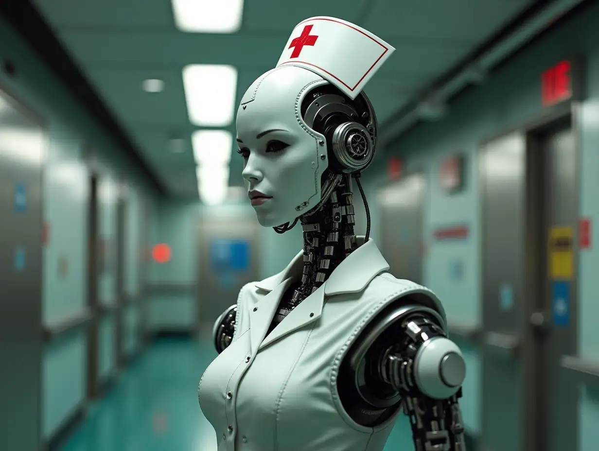 the robot assaultron from fallout dressed as a hospital nurse