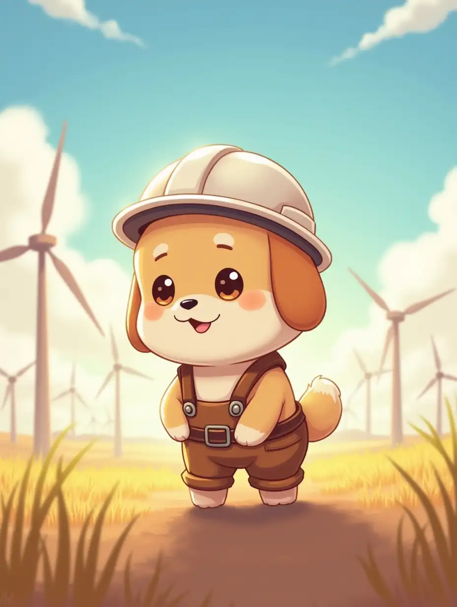 kawaii positive little fluffy anime style fluffy a light beige puppy dog installer in a white helmet and overalls with a safety belt. Fields with wind farms in the background with atmosphere of magical glow, paint in cartoon anime style