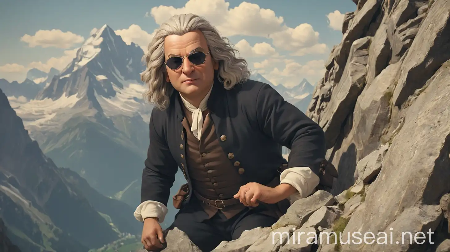 Johann Sebastian Bach Climbing Alpine Mountain in Sunglasses