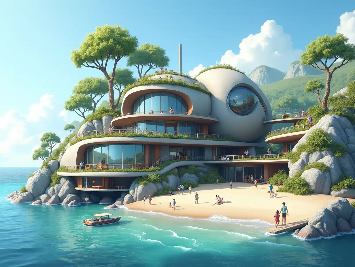 Create a high-resolution, realistic image of a panorama of a futuristic terrace building with window snail house with bridge a yacht and a small boat beach with people many plants and gray and brown facades with sea with waves, large trees, blue sky