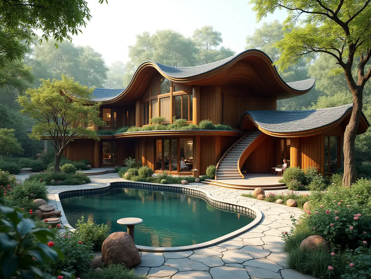 crooked house with people,pond in the garden  planting,modern wood carving in the form of,large windows with glass to,round smooth window shapes, winding double entrance stairs made of ceramics complex curved roof with pond ,lanterns,bench apple tree 4K resolution Colorful superWide-angle shots