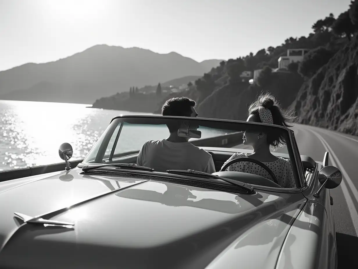 Young-Couple-in-60s-Fashion-Driving-a-Cadillac-Along-a-Coastal-Road