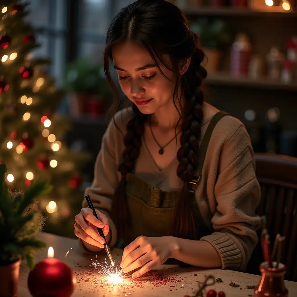 artist, 36, female, creative, skilled, artisanal, christmas time, 
business, christmas decorations, artwork, sparkle, glitter, braid, dark hair, long hair, 