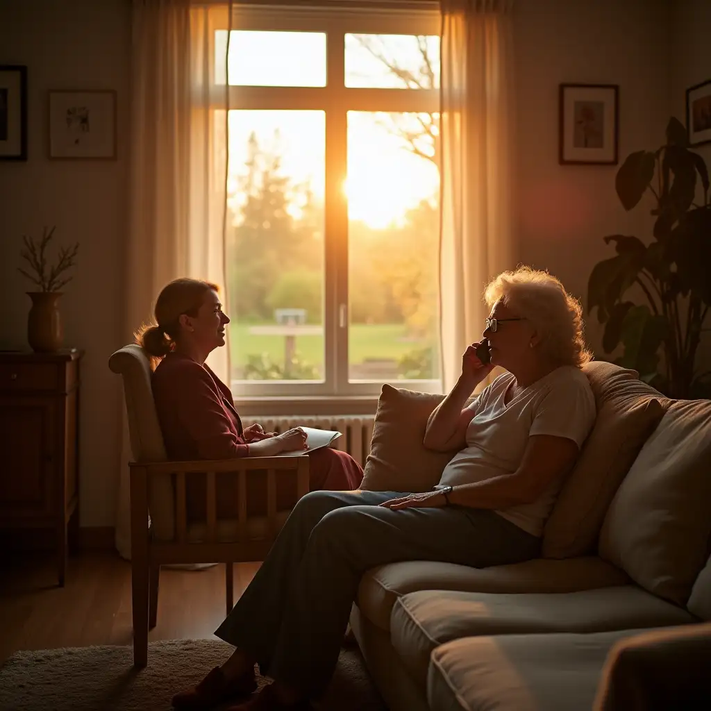 Elderly Woman Talking on Phone in Countryside Morning Scene