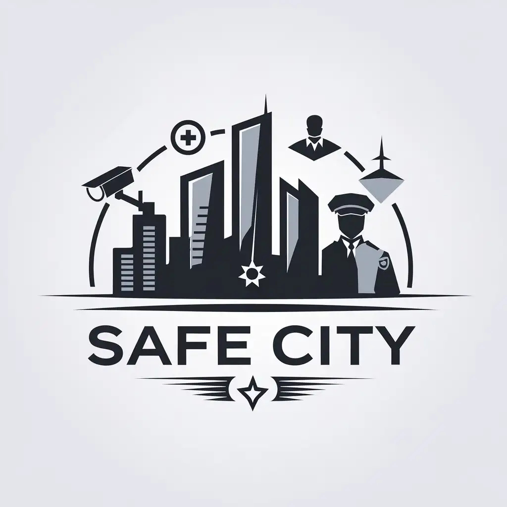 LOGO Design For SAFE CITY Modern City Skyline with Security Elements Minimalistic