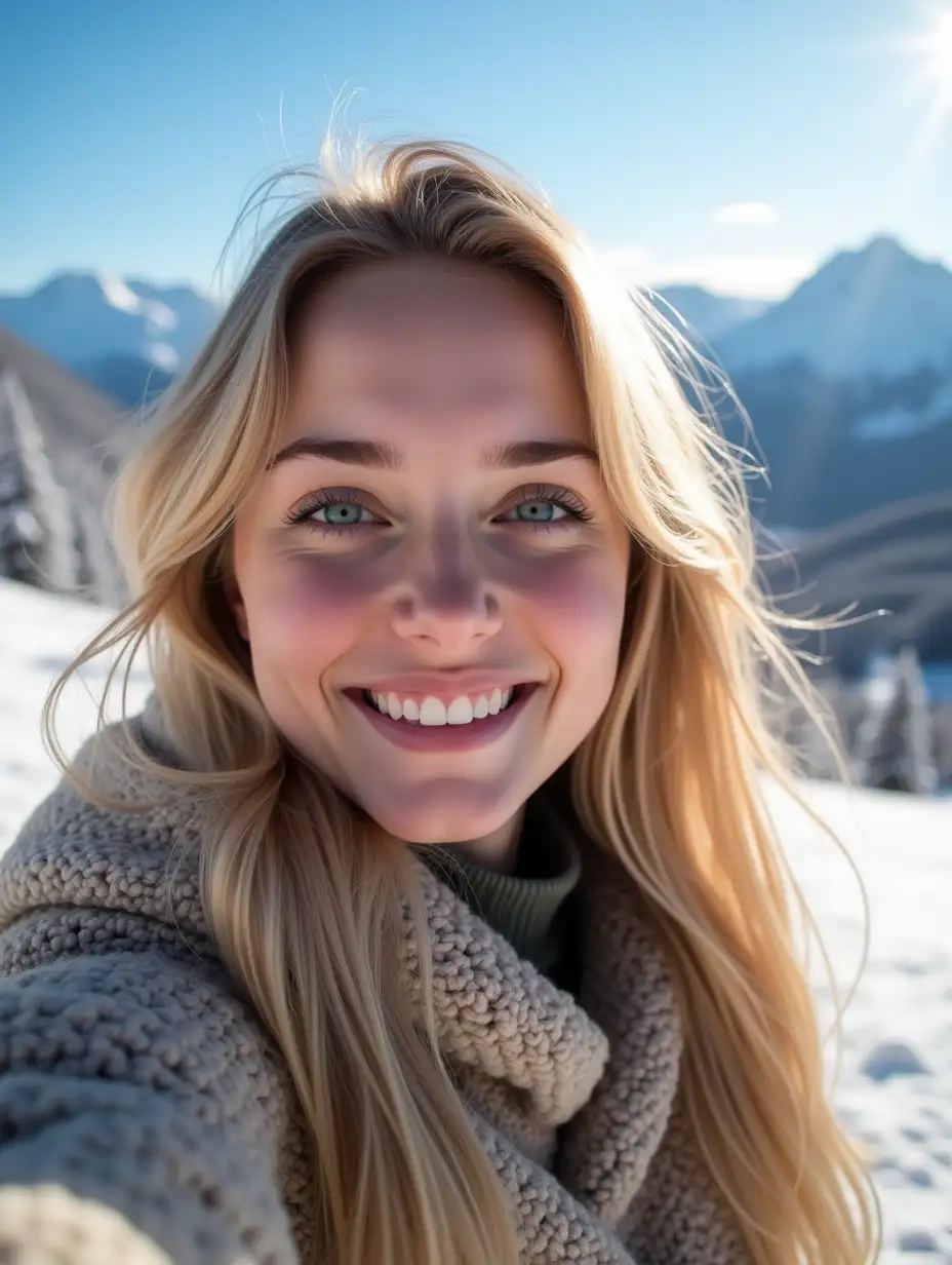 stunningly beautiful young 20-year-old Caucasian naturally blonde blue-eyed woman, smiling, taking a selfie photo of herself, showing amazing snowy hills in the backround, sunny day, in winter