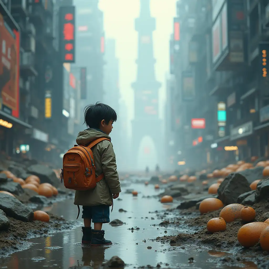 A journey of a small child, who is poorly dressed looking for a living in a large futuristic city with advanced technology