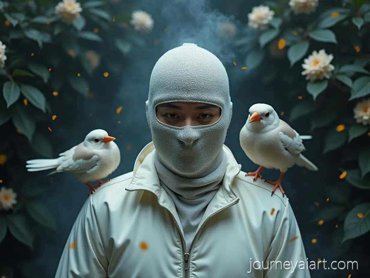 Mysterious-Figure-in-CrystalEncrusted-Balaclava-Amid-Silver-Mist-with-Birds-and-Surreal-Floral-Backdrop