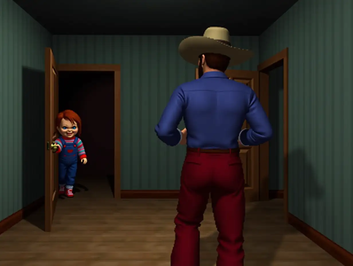 1990s 3D ps1 styled Gameplay screenshot for PlayStation featuring a 3D polygonal characters models of a cowboy in a hat blue long sleeve dress shirt red long pants investigates a child's room while unbeknownst to the cowboy an evil doll resembling chucky from Child's Play (1988) sneaks out the door 1990s 3D polygonal style video game 3rd person adventure game 3rd person 3D Beat em up 1990s graphics retro style game 3D 3rd person survival horror game 3d 1990s PlayStation Graphics of old 3d 1990s Graphics