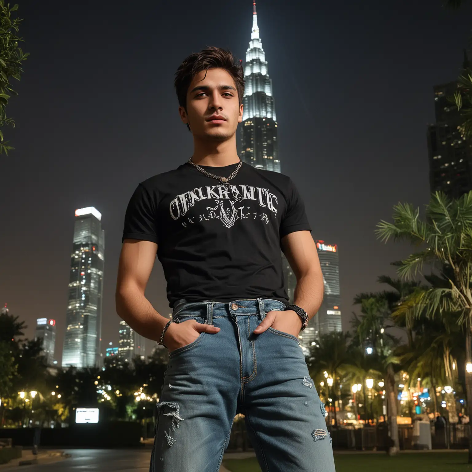 masterpiece, best quality, highres, Turkish young men, eyeliner, jewelry, choker, punk, outdoors, t-shirt, tight, park, looking, eyeshadow, street district city, Petronas tower, elegant, front view, night sky, hands, light denim pants