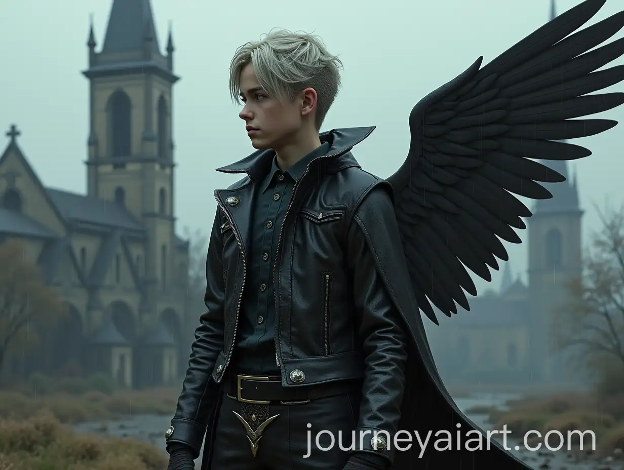 Boy-with-WolfLike-Hairstyle-in-Leather-Jacket-Against-Gothic-Church-Background-with-Cybersigilism-Style