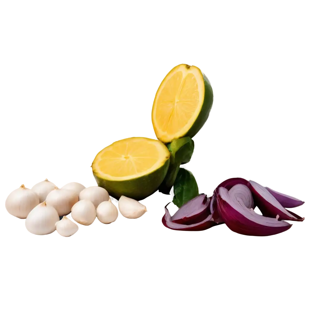 Fresh-and-Vibrant-Green-Mango-Yellow-Lemon-Red-Chili-Garlic-and-Purple-Onion-PNG-Image-for-Culinary-Designs