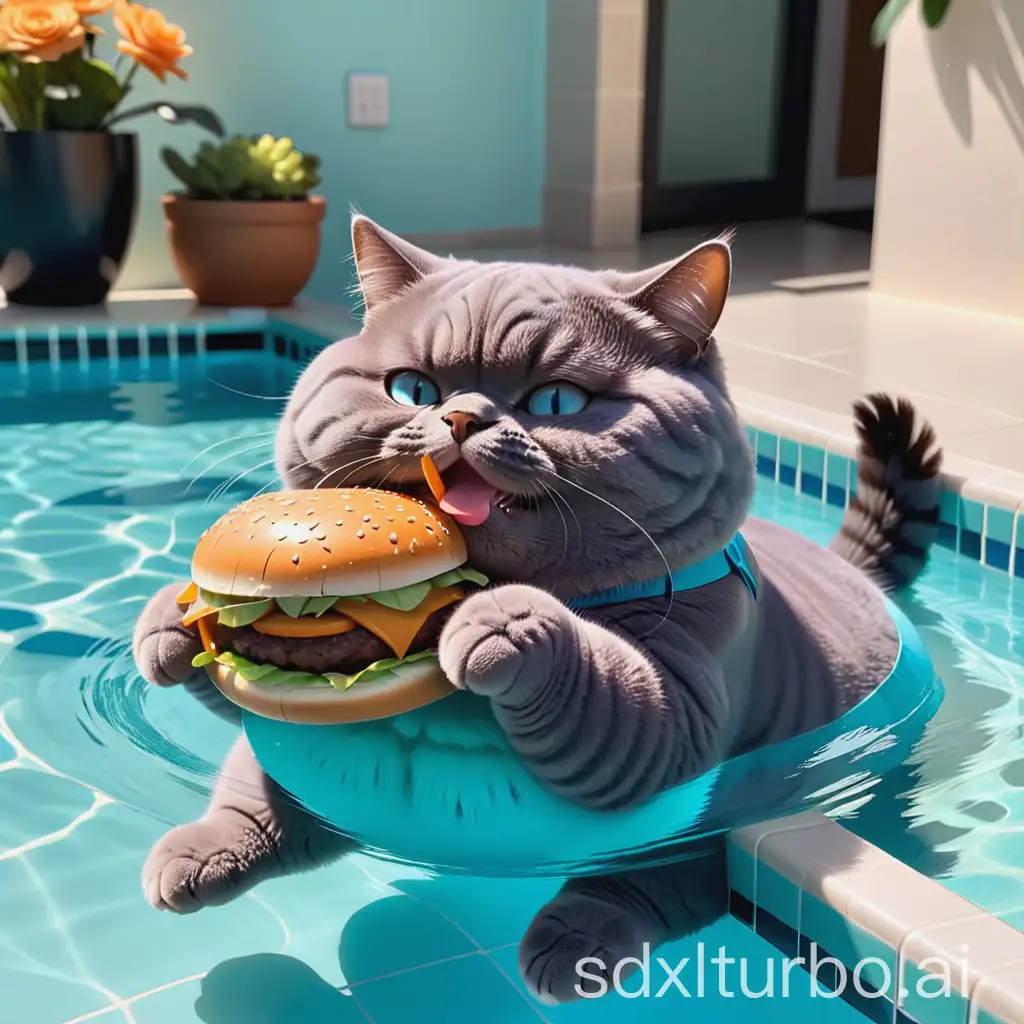 A chubby blue cat swimming while eating a hamburger