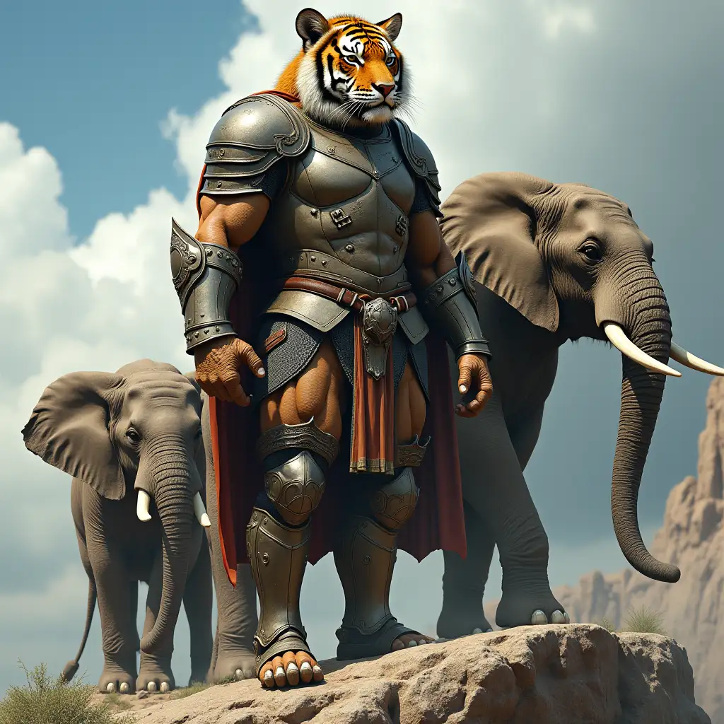 A very detailed photo. A full body representation of an animal-hybrid bodybuilder with knight's armor and a tiger head and elephants on a rock