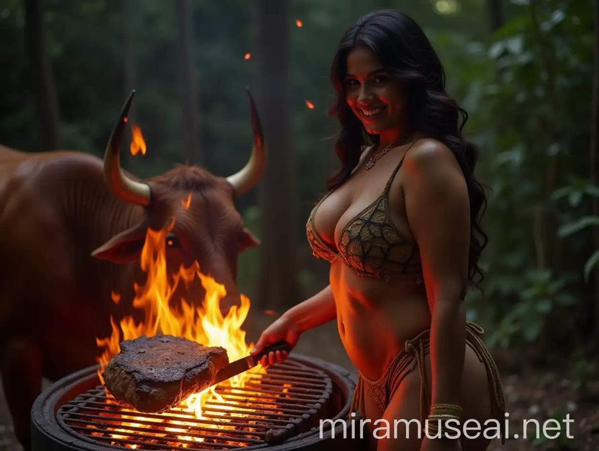 Thick Indian Woman Grilling Steak with Cow Tied Nearby