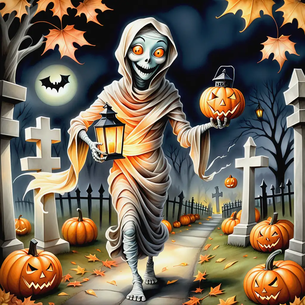 Whimsical Watercolor Mummy with Lantern in Dark Cemetery