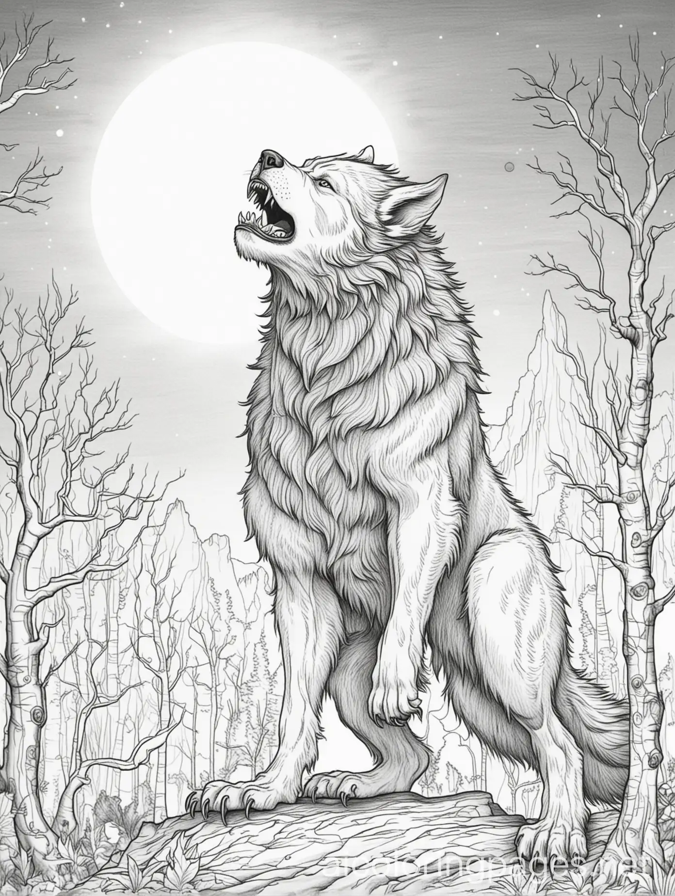 Werewolf howling at the full moon, Coloring Page, black and white, line art, white background, Simplicity, Ample White Space. The background of the coloring page is plain white to make it easy for young children to color within the lines. The outlines of all the subjects are easy to distinguish, making it simple for kids to color without too much difficulty