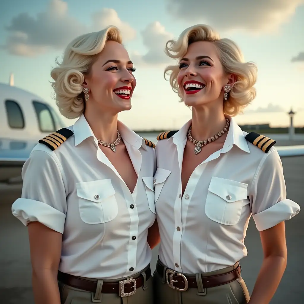 two white curvy pilot ladies, Marilyn Monroe face, in white unbuttoned pilot shirt, laughing with her mouth open, red lipstick accentuating her smile,belt on waist, big wide hips, chest are fully grown, jewerly, short hair, HD, enjoying at airport , photo-realism