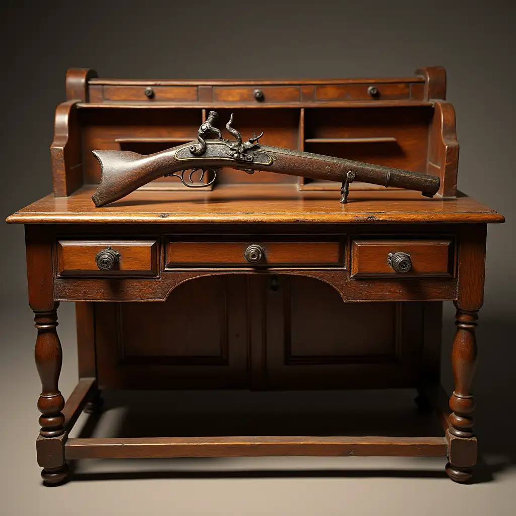 Antique-Wooden-Desk-with-17th-Century-Flintlock-Gun