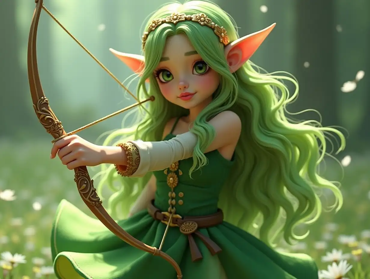 female elf with long green hair, green eyes, a bow that looks like a small harp, green dress, with small wind creatures 3d rendering