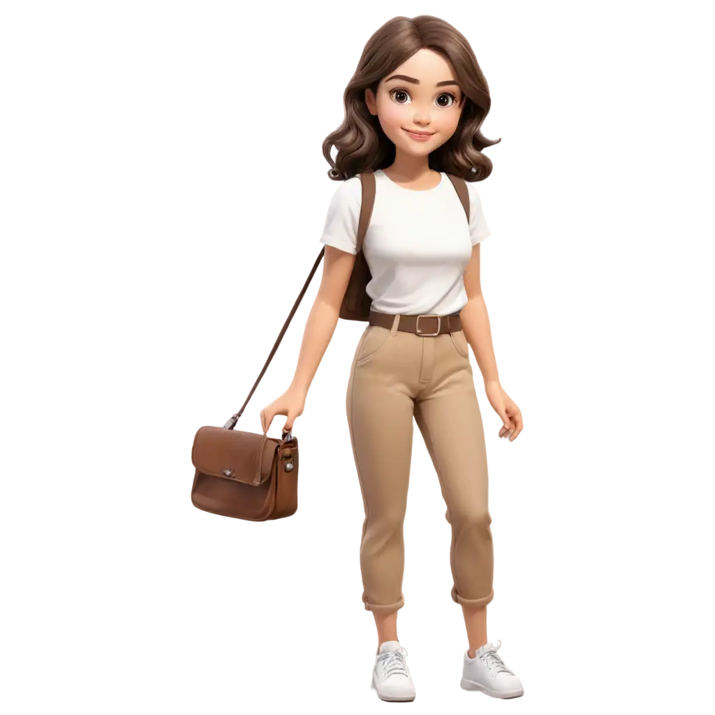 Cute-Girl-with-Brown-Hair-in-White-Tshirt-and-Crossbody-Bag-PNG-Illustration-for-Versatile-Usage