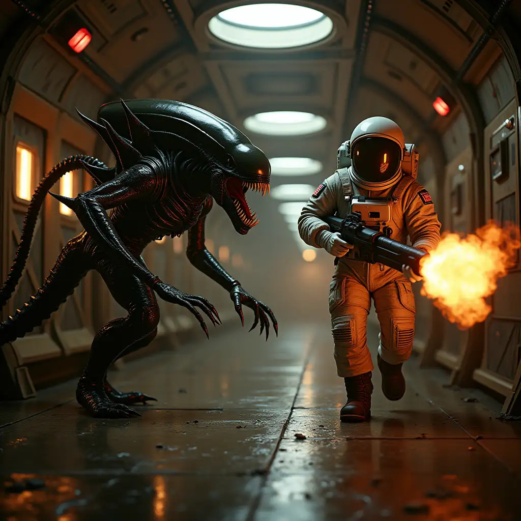 Xenomorph-Chasing-Space-Soldier-in-Nostromo-Corridor-with-Flamethrower-Battle