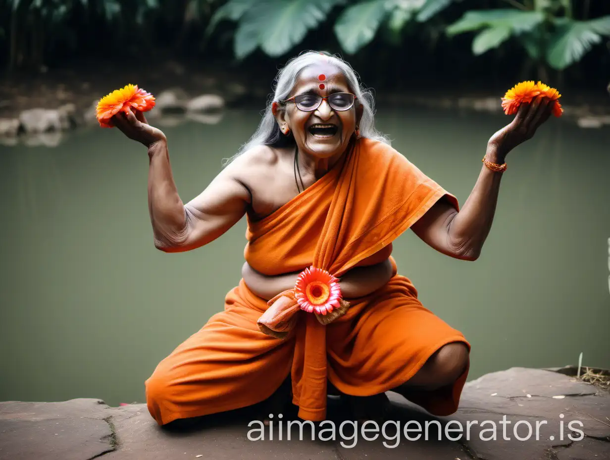 Elderly-Hindu-Woman-Monk-Doing-Squat-Exercise-by-Pond-with-Flower-Garland